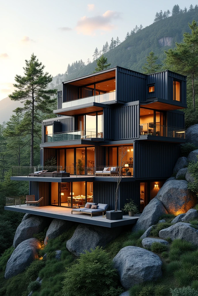 I want you to build a house with containers, there are 6 or 7 containers, that on the outside is contemporary and in a new and modern style, a house on a piece of land, that is, if you want, even style on a mountain of trees and grass, that is, a beautiful mountain but that Around the land there is a beautiful green area, with sunsets and inside it is more neoclassical style combined with a concrete and Industrial interior, but also giving a Victorian and royal style. 

Outside the house remember that you must do reconstruction so that the containers look contemporary and neoclassical style (1500-1700 style) but inside inside it is more neoclassical style combined with a concrete and industrial interior, but also giving a Victorian style O like real. And the house must be only 6 containers, and next to the house there is a mediocre parking lot where there will be a café racer motorcycle, a Nissan GT-R r35, a 2009 Mitsubishi Lancer, and a 2021 Mitsubishi Montero.
