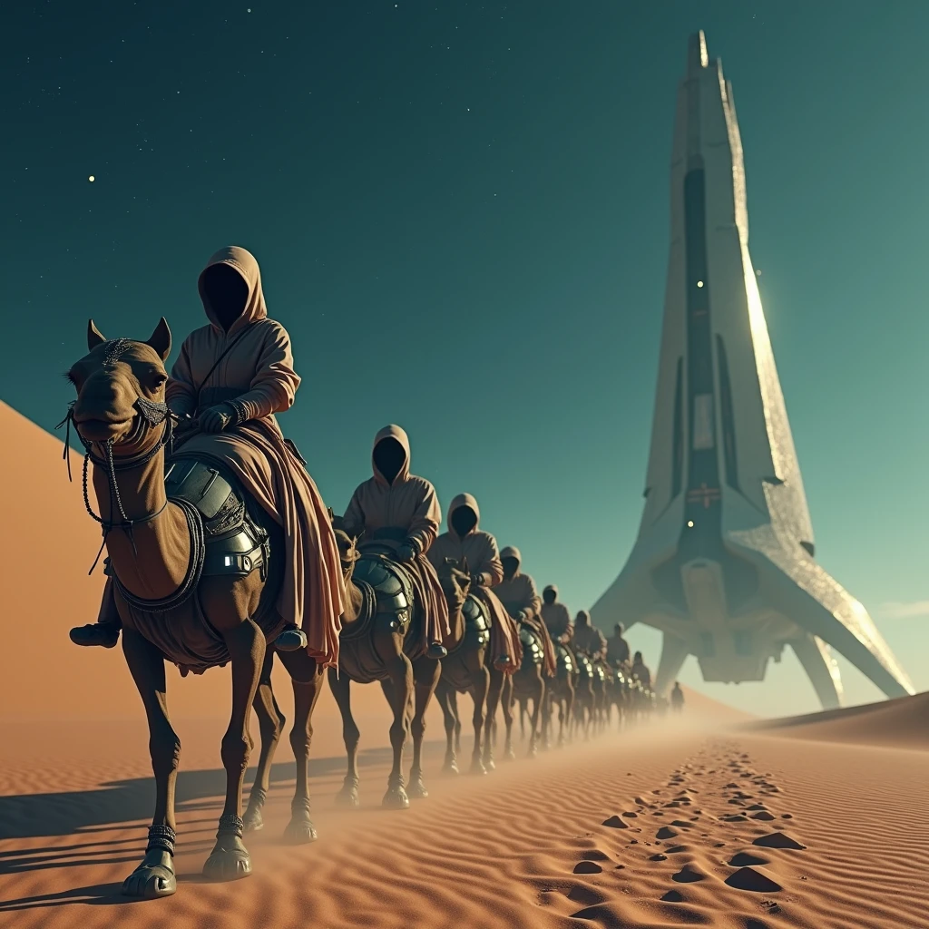 A futuristic caravan traverses a desolate, extraterrestrial desert. The rider's identity and purpose remain enigmatic, The caravan is composed of biomechanical creatures resembling camels, The caravan's mounts are a blend of organic and mechanical elements, their forms adorned with intricate metallic details and glowing luminescent markings. A lone rider, garbed in a flowing, hooded robe, sits atop one of the creatures, their face partially obscured by shadow. A colossal, alien spacecraft dominates the horizon, its sleek, metallic form reflecting the harsh desert sunlight. The sky is a canvas of deep indigo, punctuated by distant stars and celestial bodies, The celestial expanse emphasizes the vastness of the universe, 16k, Intricate details, depth of field, sharp focus, Cinematic natural Lighting, Deep Focus, f/22, Cinematic film still, shot on Sony a7R V, film grain, color graded, post-processed, cinematic lighting, 35mm film, best quality.