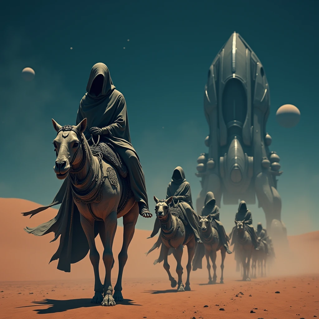 A futuristic caravan traverses a desolate, extraterrestrial desert. The rider's identity and purpose remain enigmatic, The caravan is composed of biomechanical creatures resembling camels, The caravan's mounts are a blend of organic and mechanical elements, their forms adorned with intricate metallic details and glowing luminescent markings. A lone rider, garbed in a flowing, hooded robe, sits atop one of the creatures, their face partially obscured by shadow. A colossal, alien spacecraft dominates the horizon, its sleek, metallic form reflecting the harsh desert sunlight. The sky is a canvas of deep indigo, punctuated by distant stars and celestial bodies, The celestial expanse emphasizes the vastness of the universe, 16k, Intricate details, depth of field, sharp focus, Cinematic natural Lighting, Deep Focus, f/22, Cinematic film still, shot on Sony a7R V, film grain, color graded, post-processed, cinematic lighting, 35mm film, best quality.