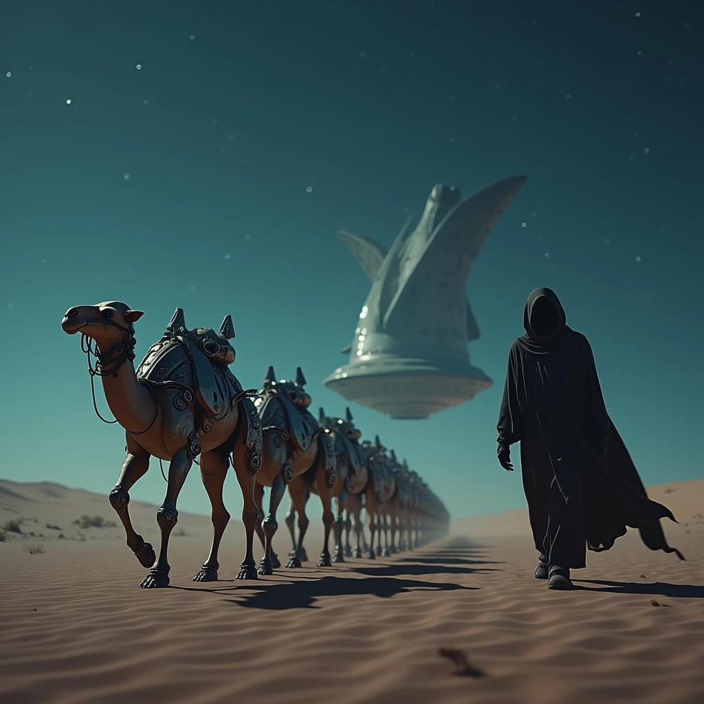 A futuristic caravan traverses a desolate, extraterrestrial desert. The rider's identity and purpose remain enigmatic, The caravan is composed of biomechanical creatures resembling camels, The caravan's mounts are a blend of organic and mechanical elements, their forms adorned with intricate metallic details and glowing luminescent markings. A lone rider, garbed in a flowing, hooded robe, sits atop one of the creatures, their face partially obscured by shadow. A colossal, alien spacecraft dominates the horizon, its sleek, metallic form reflecting the harsh desert sunlight. The sky is a canvas of deep indigo, punctuated by distant stars and celestial bodies, The celestial expanse emphasizes the vastness of the universe, 16k, Intricate details, depth of field, sharp focus, Cinematic natural Lighting, Deep Focus, f/22, Cinematic film still, shot on Sony a7R V, film grain, color graded, post-processed, cinematic lighting, 35mm film, best quality.