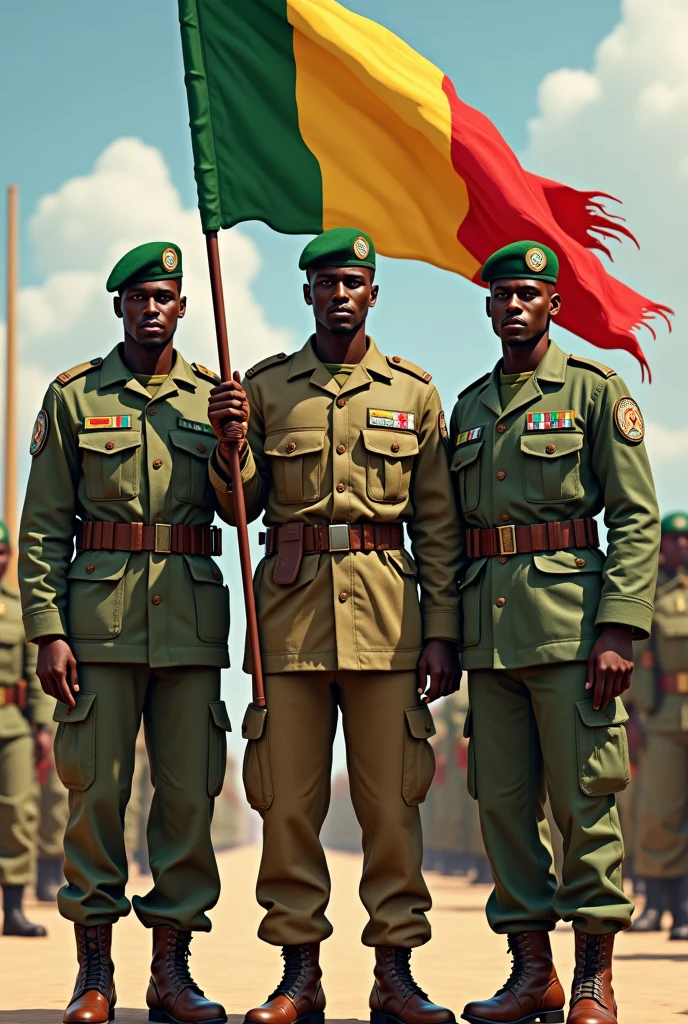 Generated the Malian soldiers and the Burkinabe soldier and the soldier from Niger together holding their flag