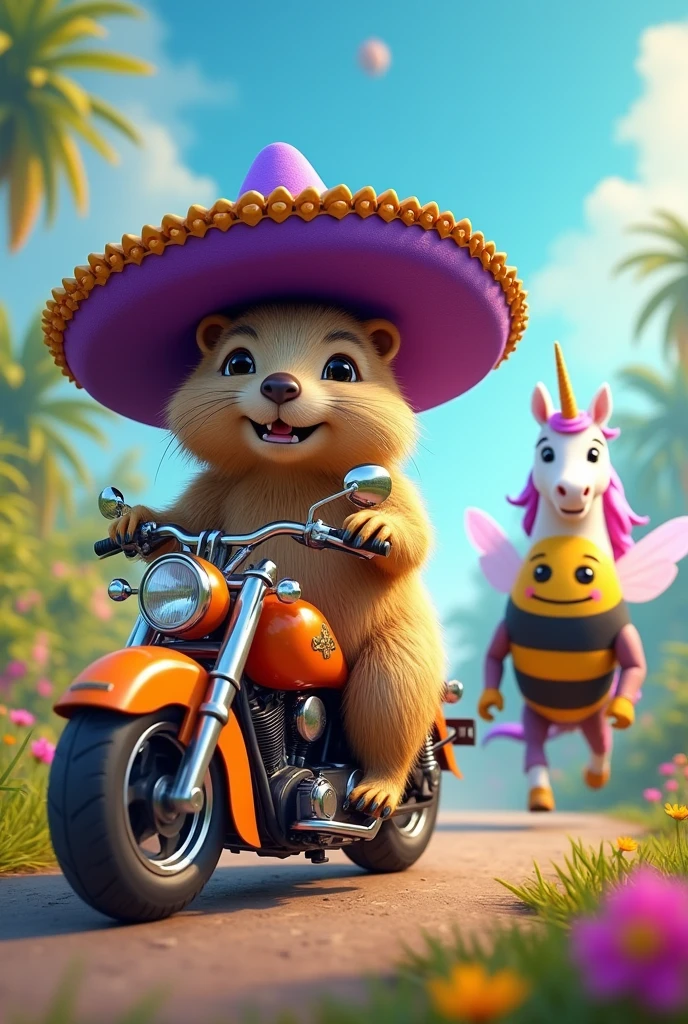 Une marmotte qui porte un chapeau mexicain violet en compagnie d'une licorne multicolore et d'un gros bourdon joyeux qui font de la moto orange