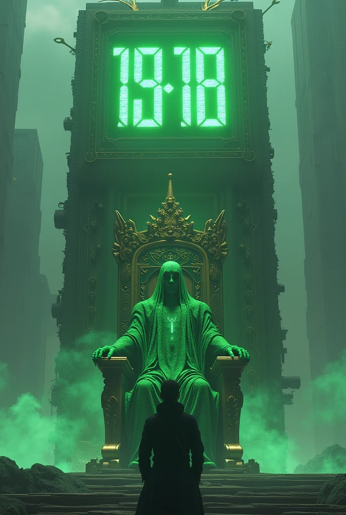 Draw a giant timer showing 3-HOURS with a person looking down and in front of the giant timer a throne with a very powerful green being with a crown