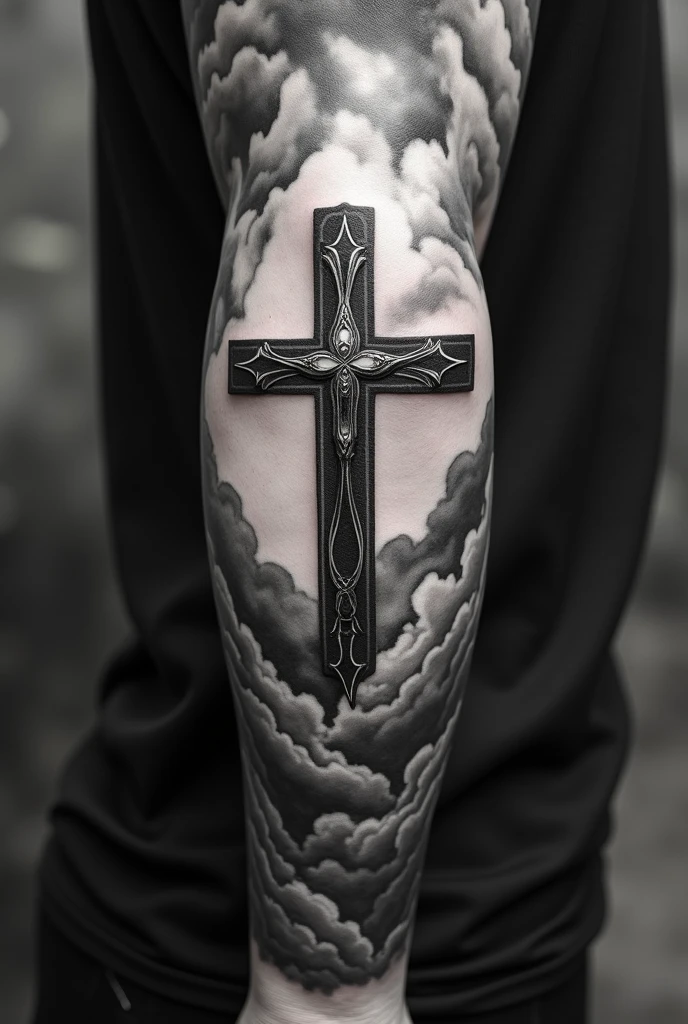Tattoo of a cross with the sky in the background on the front of the arm that covers from the forearm to the wrist. Let it be without color, That is to say, the drawing is in black and white.. Put a sky in the background that obscures the entire back area between the forearm and the wrist