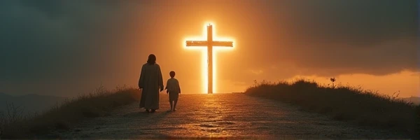 jesus walking with a boy on a hill on the way to a cross shaped gate, extremely dark path and gate would be the light