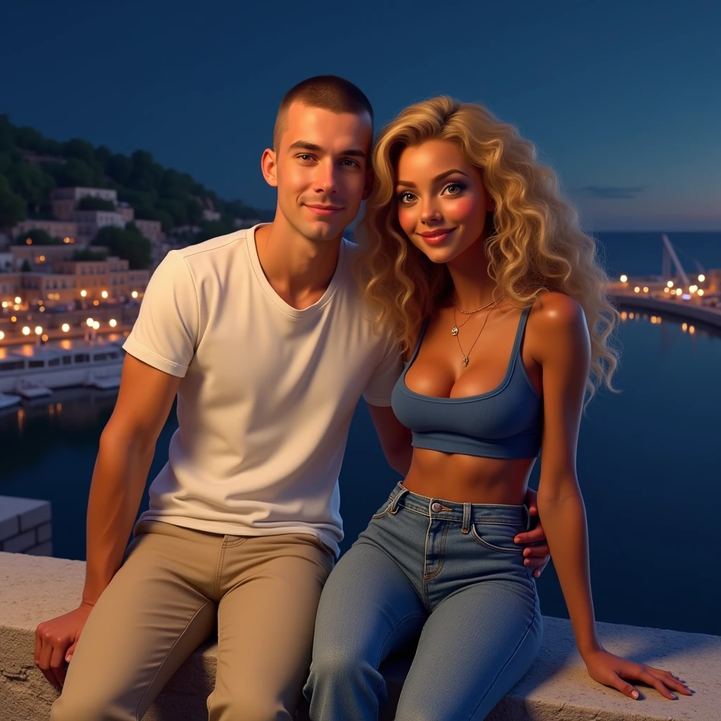 Selfie, Two friends, a White male man, 30's, brown eyes, buzz cut hair style, buzz cut hair, he wears a white T-shirt and beige pants,A woman, Toffee color skin, beautiful toffee mixed woman with long blond curly hair and extremely detailled clear yellow eyes, middle body, she wears a sexy blue top and a Flared denim pants, selfie,They are sitting on a stone wall with a view of a port at night, ultrarealism