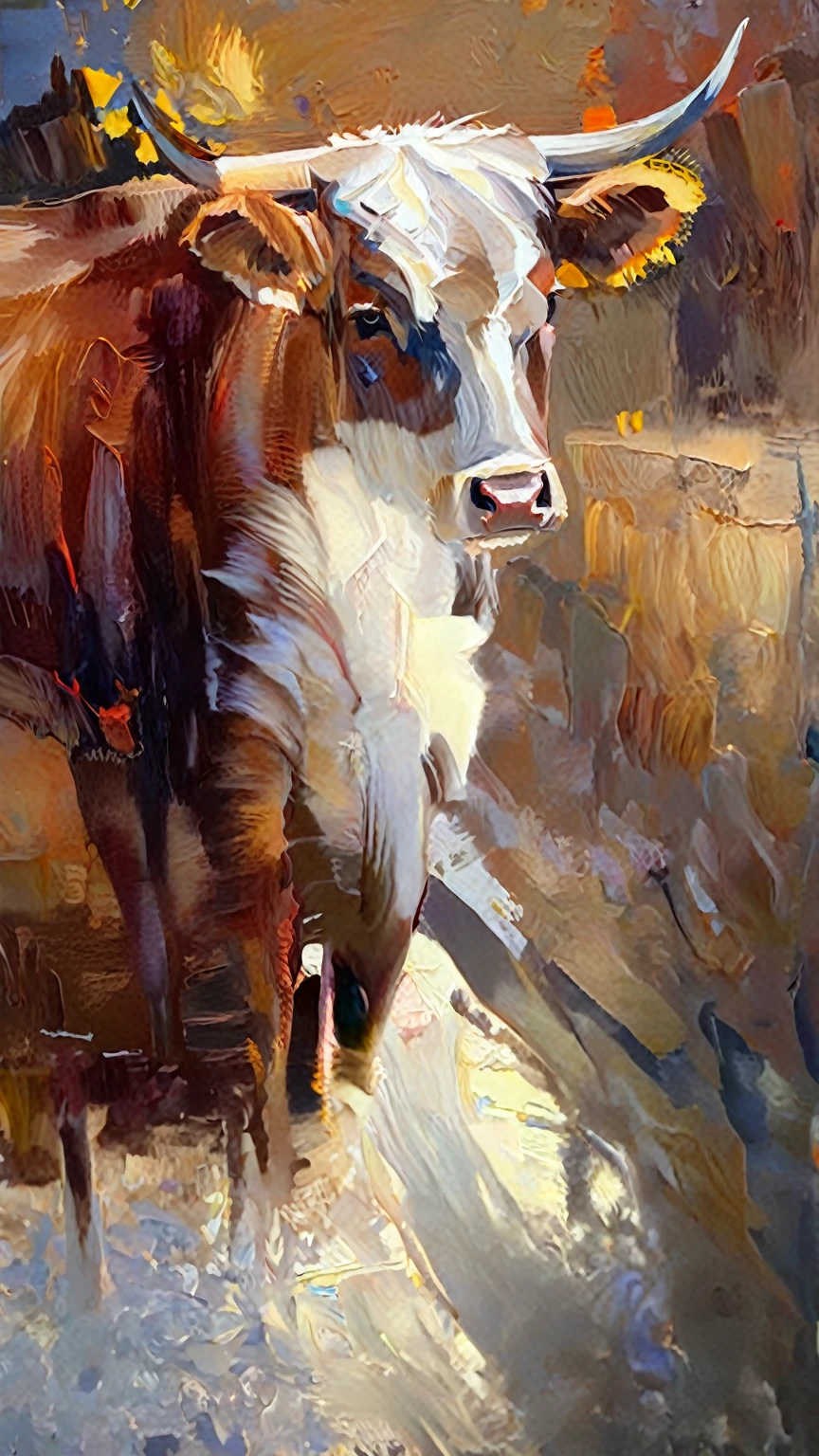 uma pintura a óleo de textura espessa de an angus bull , impasto brushstrokes, dry brushing,revealing lower layers, an angus bull, moody lighting, dramatic shadows, soft earthy colors, swirly vibrant colors, highy detailed, work of art,