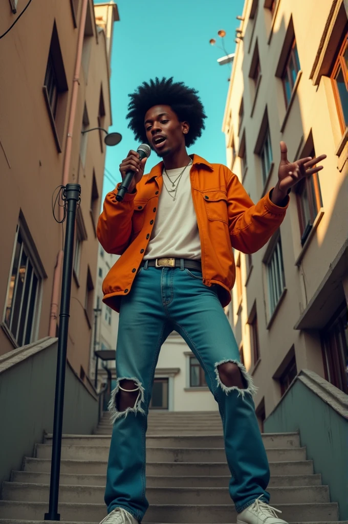 Jeune et beau ivoirien, âgé de 24 , coiffure style afro et coupe basse, artiste chanteur de pop/RnB, chantant sur la dalle de son immeuble.
