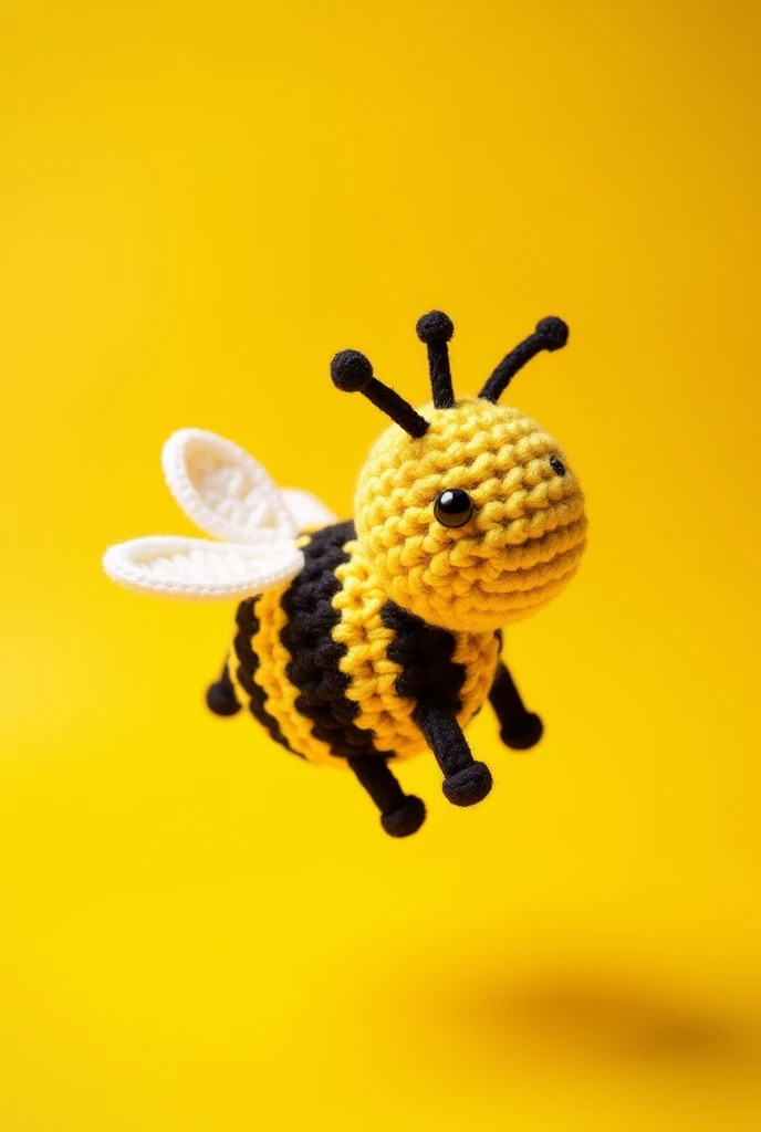 A round crochet bee and behind a yellow background 