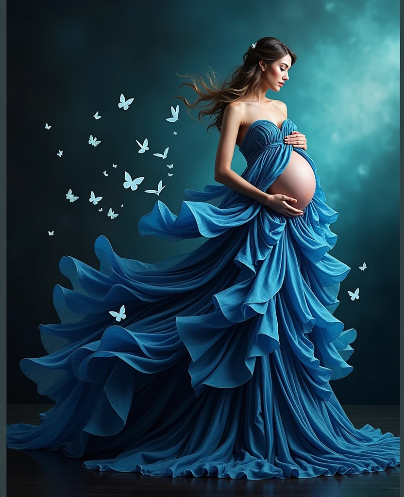 pregnant woman in blue dress with butterflies flying around her, digital art inspired by Cynthia Sheppard, trending on cg society, digital art, maternal photography 4 k, blue swirling dress, belly free teal dress, pregnant belly, modeling photography, dressed in blue, gorgeous and beautiful, rich blue colors, beautiful gown, profile pic, captivating and enticing, fine art fashion photography