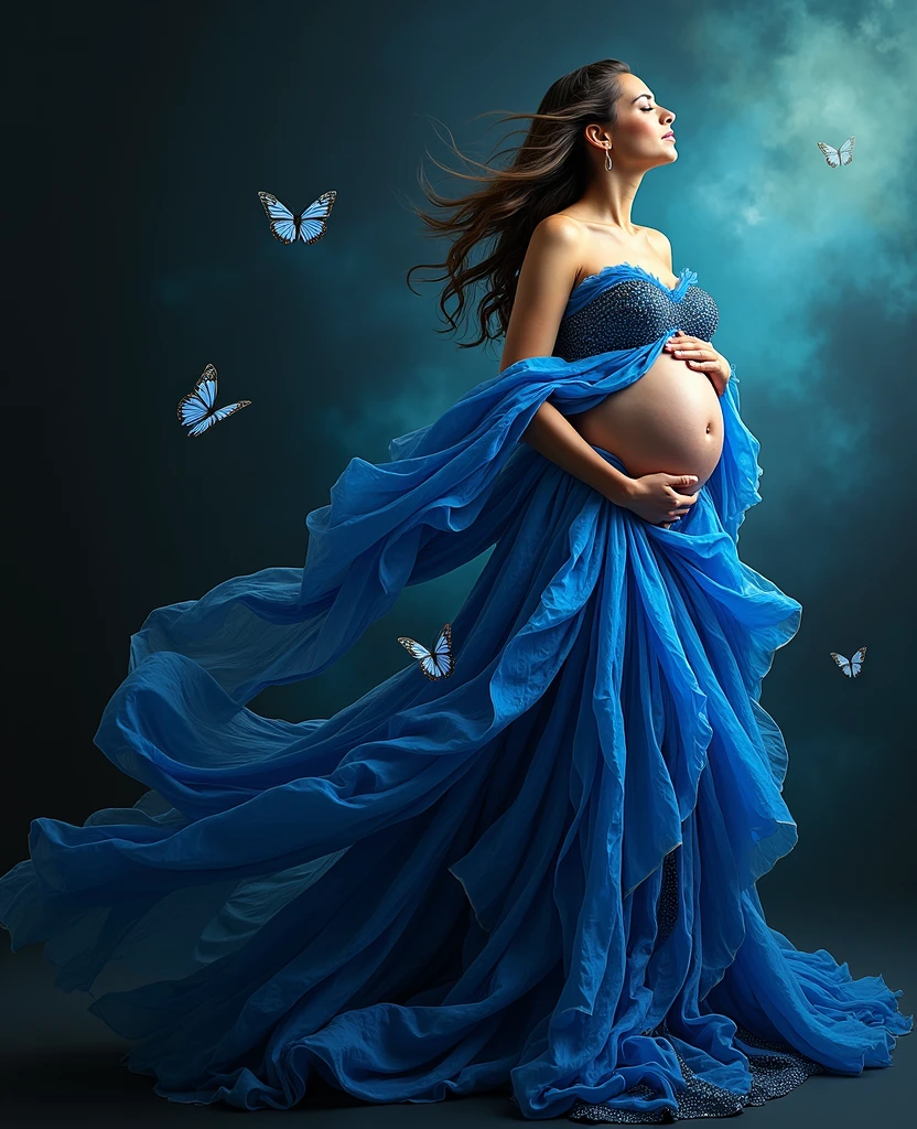 pregnant woman in blue dress with butterflies flying around her, digital art inspired by Cynthia Sheppard, trending on cg society, digital art, maternal photography 4 k, blue swirling dress, belly free teal dress, pregnant belly, modeling photography, dressed in blue, gorgeous and beautiful, rich blue colors, beautiful gown, profile pic, captivating and enticing, fine art fashion photography
