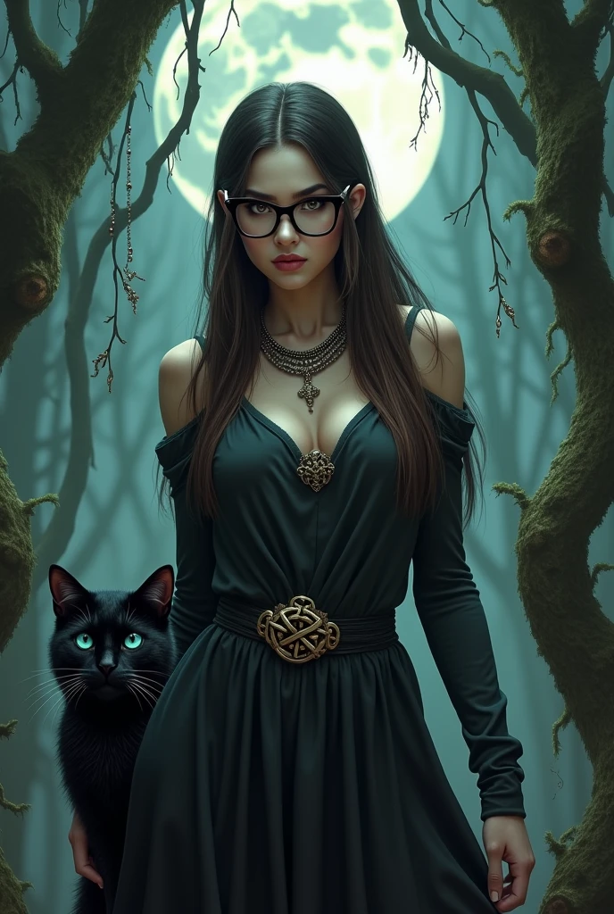 a witch with a hat under the full moon in a forest, pale white skin, light brown eyes, big nose, thick lips, with black square-rimmed glasses, straight, waist-length, dark brown hair with a crown tattoo on her right chest with her witch&#39;s knot necklace, beautiful build, big butt, with her black cat with blue eyes 