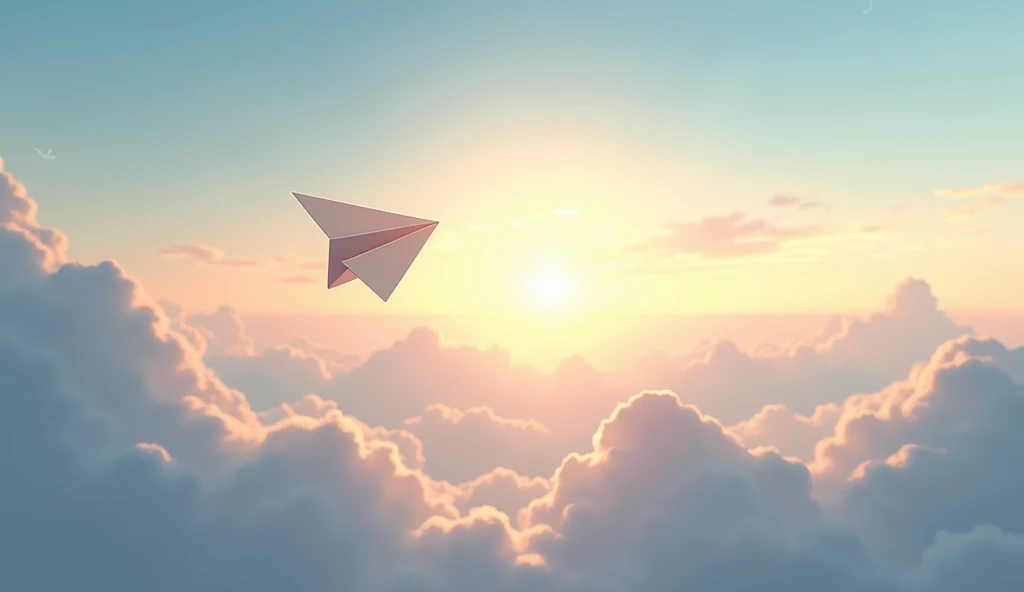 An ultra-high-resolution animated illustration of a paper airplane flying above the clouds in the sky with the rising sun, displayed on a very wide screen.