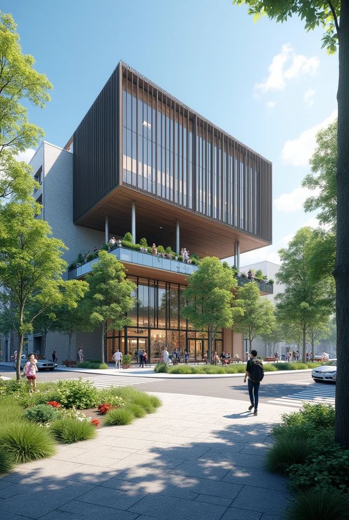 Irregular crossing, right side town hall with contemporary architecture elevated on stilts, below large garden with small trees and benches. Other side of the intersection concept stores co. glass facades, tall trees providing shade, colorful flower garden, benches to sit on, passage for cars to also make their journeys, public sidewalk with pet pavement