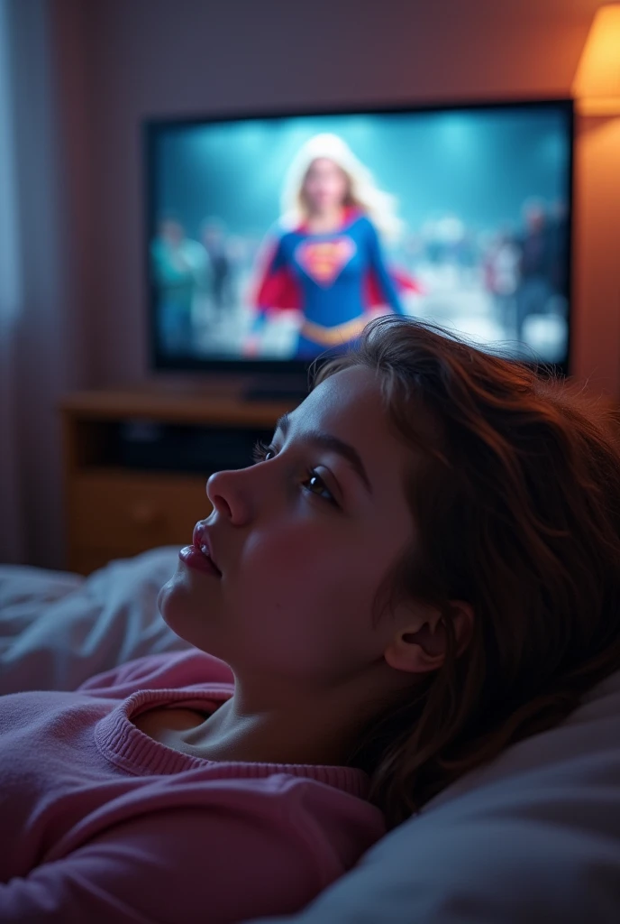 A brown-haired teenager lying down watching supergirl on TV