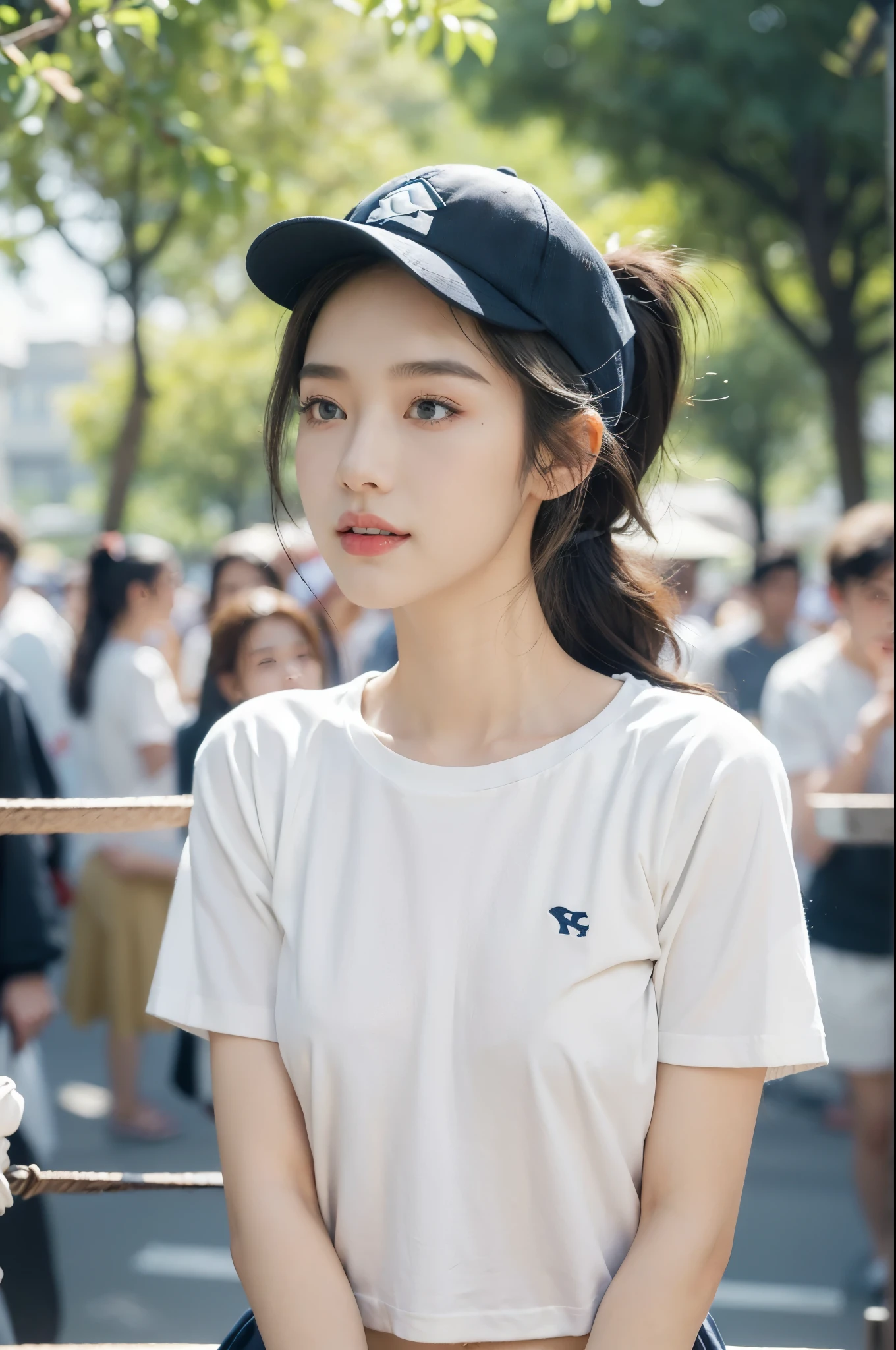 (((best quality))),(((ultra detailed))),(((masterpiece))),illustration,((1 beautiful girl,solo)),(white baseball cap:1.3),(short ponytail:1.2),((slim,thin,graceful)),((small breasts,flat chest)),(summer afternoon:1.3),(at the schoolgate:1.3),bustling,(torn white short-sleeved T-shirt:1.3),(torn navy blue briefs:1.3),(slender legs:1.2),(standing:1.3),(bright sunlight:1.2),radiant,breezy,casual style,youthful vitality,delicate features,young people,students,chatting,laughing,vibrant energy,serene tranquility,vibrant rays of sun,captivating atmosphere,(surrounded by crowded crowds:1.3),((from front,upper body))