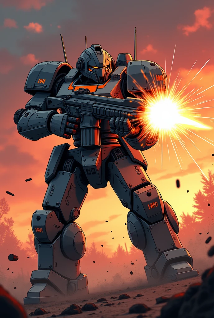 Create an anime style illustration, showing a futuristic armored robot on a battlefield. The robot has a robust design with metal panels, Painted in dark grey tones with bright orange details and various graffiti on its sheet metal, that add a touch of personality and resistance. The robot is in full combat, firing a large caliber weapon that emits bright flashes and sparks as bullets are ejected at high speed. Bullets bounce off his armor, creating small explosions of light and smoke at the impact points.
The scene is set at sunset., with the sky in reddish and orange tones, which adds a dramatic atmosphere. The background shows shadows of trees or debris, hinting at a battle setting in a devastated field. The image framing is close, focused on the robot's torso and weapon, capturing both the shooting action and the details of the armor, including combat wear and surface inscriptions.
The lighting is focused on the reflections of the bullet flashes and the sparks flying in all directions., highlighting the contrast between the darkness of the armor and the bright colors of the explosions. The aim is to replicate the graphic style with defined lines and marked shadows., evoking a sense of intense action and a futuristic battle environment.