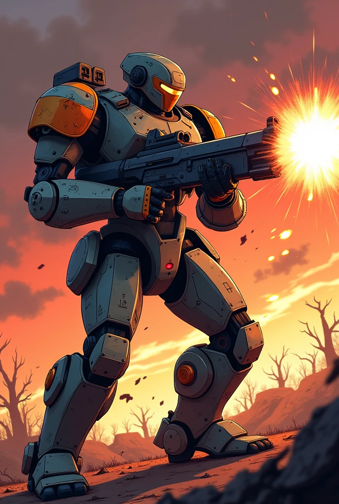 Create an anime style illustration, showing a futuristic armored robot on a battlefield. The robot has a robust design with metal panels, Painted in dark grey tones with bright orange details and various graffiti on its sheet metal, that add a touch of personality and resistance. The robot is in full combat, firing a large caliber weapon that emits bright flashes and sparks as bullets are ejected at high speed. Bullets bounce off his armor, creating small explosions of light and smoke at the impact points.
The scene is set at sunset., with the sky in reddish and orange tones, which adds a dramatic atmosphere. The background shows shadows of trees or debris, hinting at a battle setting in a devastated field. The image framing is close, focused on the robot's torso and weapon, capturing both the shooting action and the details of the armor, including combat wear and surface inscriptions.
The lighting is focused on the reflections of the bullet flashes and the sparks flying in all directions., highlighting the contrast between the darkness of the armor and the bright colors of the explosions. The aim is to replicate the graphic style with defined lines and marked shadows., evoking a sense of intense action and a futuristic battle environment.
