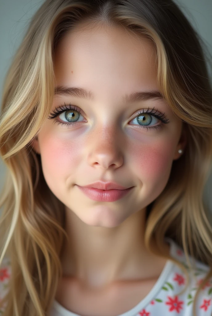 "Create an ultra-realistic portrait of a young 1 girl with fine European features. Her skin is incredibly detailed, soft and light in tone that shows a slight youthful warmth. The eyes are large and expressive, of a light blue or green color, Surrounded by long, thick eyelashes that make their look intense and charming.. Her lips are soft, with a natural pink tone and a slight shine that highlights its youthful freshness. The hair is long and wavy, an ash blonde or light brown color, with each strand capturing the light realistically, giving a feeling of movement and vitality. The lighting is soft, highlighting every detail of your face and giving a fresh and natural look. The background is simple and out of focus, to keep all the attention on the details of your face, especially on the skin, The eyes, lips and hair. The goal is to achieve a portrait that looks so realistic that it looks like a professional photograph., but with a fresh and youthful touch."