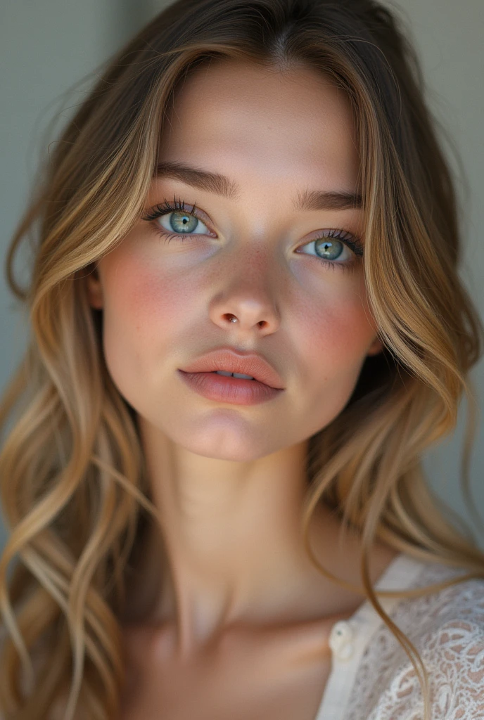 "Create an ultra-realistic portrait of a young 1 girl with fine European features. Her skin is incredibly detailed, soft and light in tone that shows a slight youthful warmth. The eyes are large and expressive, of a light blue or green color, Surrounded by long, thick eyelashes that make their look intense and charming.. Her lips are soft, with a natural pink tone and a slight shine that highlights its youthful freshness. The hair is long and wavy, an ash blonde or light brown color, with each strand capturing the light realistically, giving a feeling of movement and vitality. The lighting is soft, highlighting every detail of your face and giving a fresh and natural look. The background is simple and out of focus, to keep all the attention on the details of your face, especially on the skin, The eyes, lips and hair. The goal is to achieve a portrait that looks so realistic that it looks like a professional photograph., but with a fresh and youthful touch."