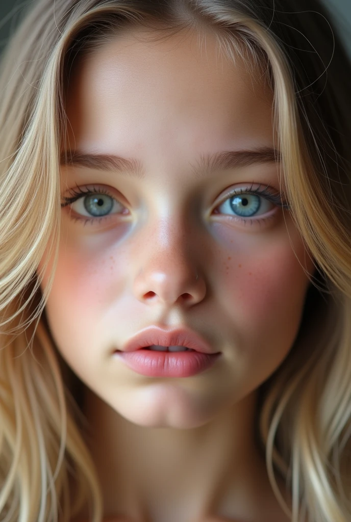 "Create an ultra-realistic portrait of a young 1 girl with fine European features. Her skin is incredibly detailed, soft and light in tone that shows a slight youthful warmth. The eyes are large and expressive, of a light blue or green color, Surrounded by long, thick eyelashes that make their look intense and charming.. Her lips are soft, with a natural pink tone and a slight shine that highlights its youthful freshness. The hair is long and wavy, an ash blonde or light brown color, with each strand capturing the light realistically, giving a feeling of movement and vitality. The lighting is soft, highlighting every detail of your face and giving a fresh and natural look. The background is simple and out of focus, to keep all the attention on the details of your face, especially on the skin, The eyes, lips and hair. The goal is to achieve a portrait that looks so realistic that it looks like a professional photograph., but with a fresh and youthful touch."