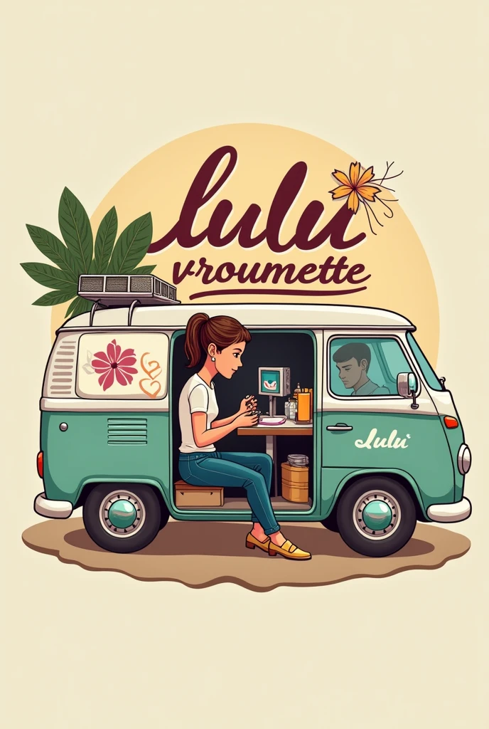 Cree un logo pour une onglerie sur roues dans un fourgon emménager, qui s'appelle "LULU VROUMETTE". Il y a une dame au cheveux brun qui fait une manicure, dans un fourgon.