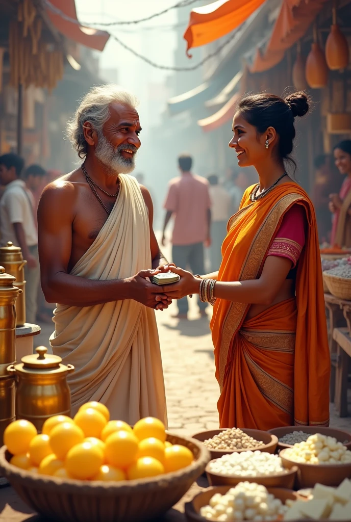 Ghee shopkeeper giving money to milk shopkeeper