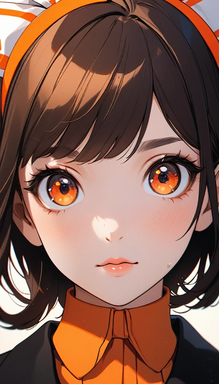 a painting of a woman with a bow on her head, an anime drawing, by Ilya Kuvshinov, serial art, orange and black tones, 🤤 girl portrait, with cute doting eyes, glossy magazine painting