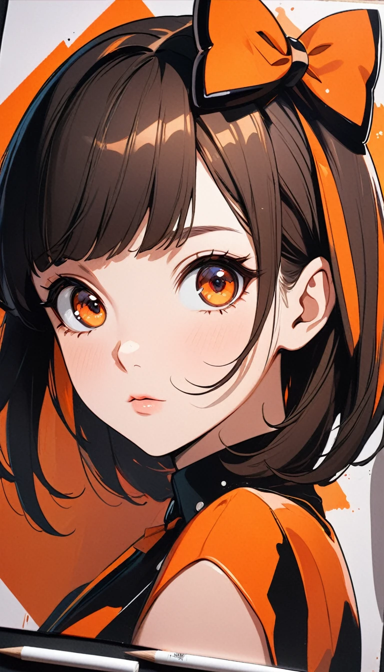 a painting of a woman with a bow on her head, an anime drawing, by Ilya Kuvshinov, serial art, orange and black tones, 🤤 girl portrait, with cute doting eyes, glossy magazine painting