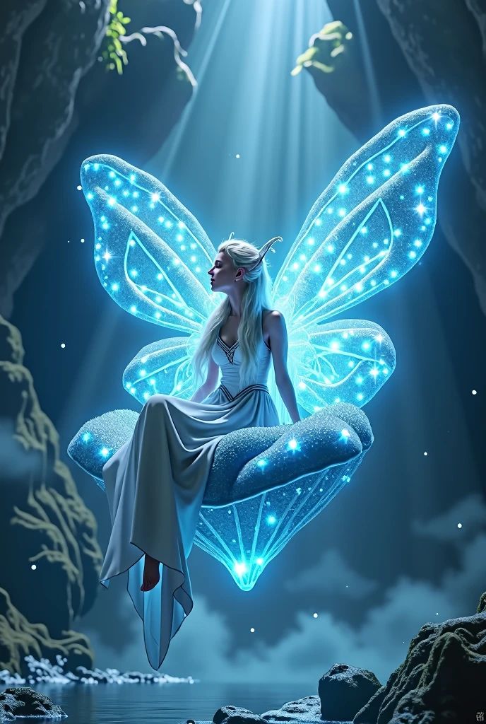 A floating, legless throne with a cushion-like seat, designed to evoke a celestial and ethereal ambiance. The chair is crafted from sky-blue crystals that shimmer with a soft, otherworldly glow. Firefly-like lights gently dance around the throne, enhancing its magical atmosphere. The large backrest is shaped like delicate, mystical butterfly wings, exuding an enchanting aura. This throne is designed for an enchanted realm, radiating elegance and grace. Seated on the throne is Galadriel, the elf from *The Lord of the Rings*, embodying her regal and ethereal presence.