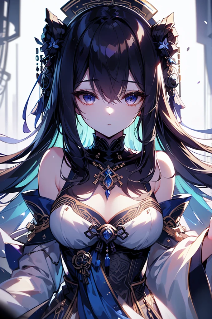 1 girl close up on face, beautiful and aesthetic, gorgeous, masterpiece, Best Quality, fantastic atmosphere, Soothing palette, Quiet, Soft shading, priestess with many chains around her body