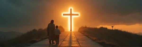 jesus walking with a boy on a hill on the way to a cross shaped gate, extremely incredibly dark path and gate would be the light