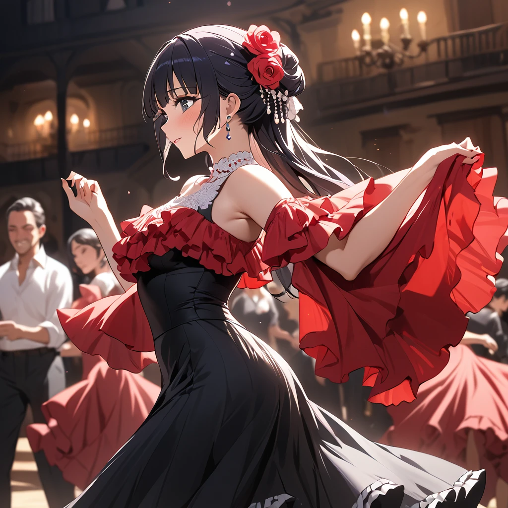 ((Highest quality)), ((masterpiece)), (detailed), （Perfect Face）、The woman is Reika Aoki with semi-long hair、Woman dancing flamenco in flamenco dress in Spain