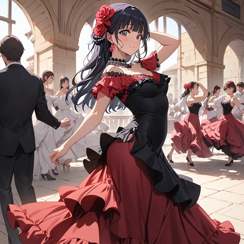 ((Highest quality)), ((masterpiece)), (detailed), (Perfect Face)、The woman is Reika Aoki with semi-long hair、Woman dancing flamenco in flamenco dress in Spain