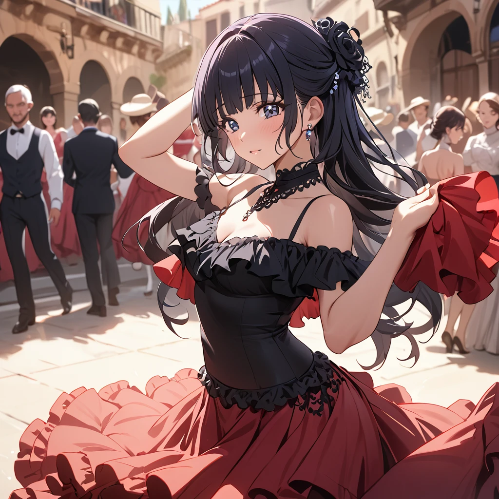 ((Highest quality)), ((masterpiece)), (detailed), (Perfect Face)、The woman is Reika Aoki with semi-long hair、Woman dancing flamenco in flamenco dress in Spain