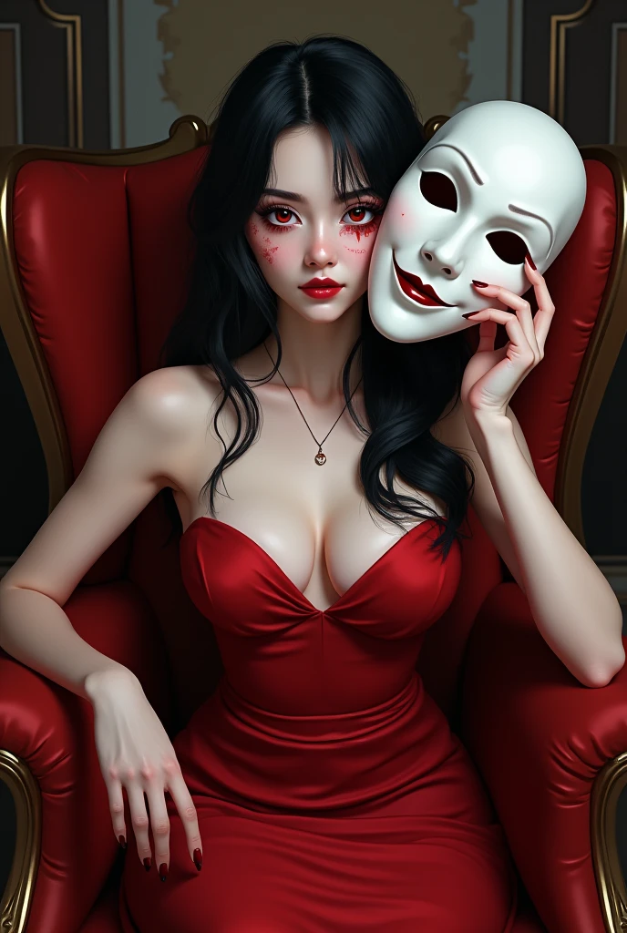 A woman with a face marked by burn scars, with deep red eyes that shine with a penetrating gaze. She wears an elegant red dress that contrasts with her pale skin., accentuating her stylized figure. Her long, dark hair falls in soft waves over her shoulders.. She is sitting in a luxurious velvet armchair, with a relaxed but dominant posture. In one hand, He holds a white porcelain mask that covers half of his face., leaving visible only his scars and a subtle evil smile on his lips. The scene has a style that combines elements of anime and comics., highlighting both the elegance and the darkness of the character.