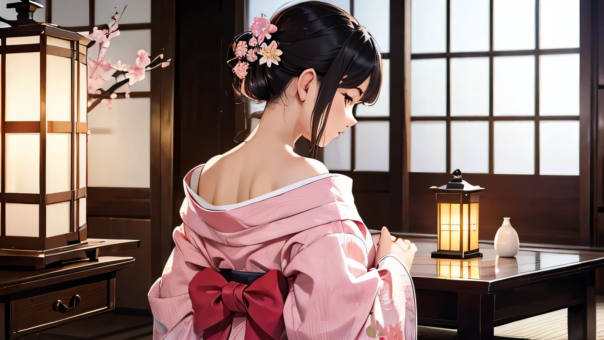 ((Highest quality)), ((masterpiece)), (detailed), One person, Off-the-shoulder sweater, Twelve-layered kimono、Light pink kimono、Back view、Lantern、Twilight、Tatami room、cherry blossoms