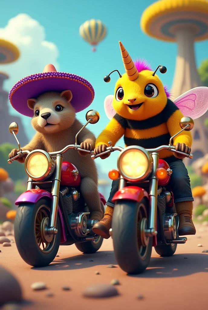 Une marmotte qui porte un chapeau mexicain violet en compagnie d'une licorne multicolore et d'un gros bourdon joyeux qui font tous les 3 de la moto