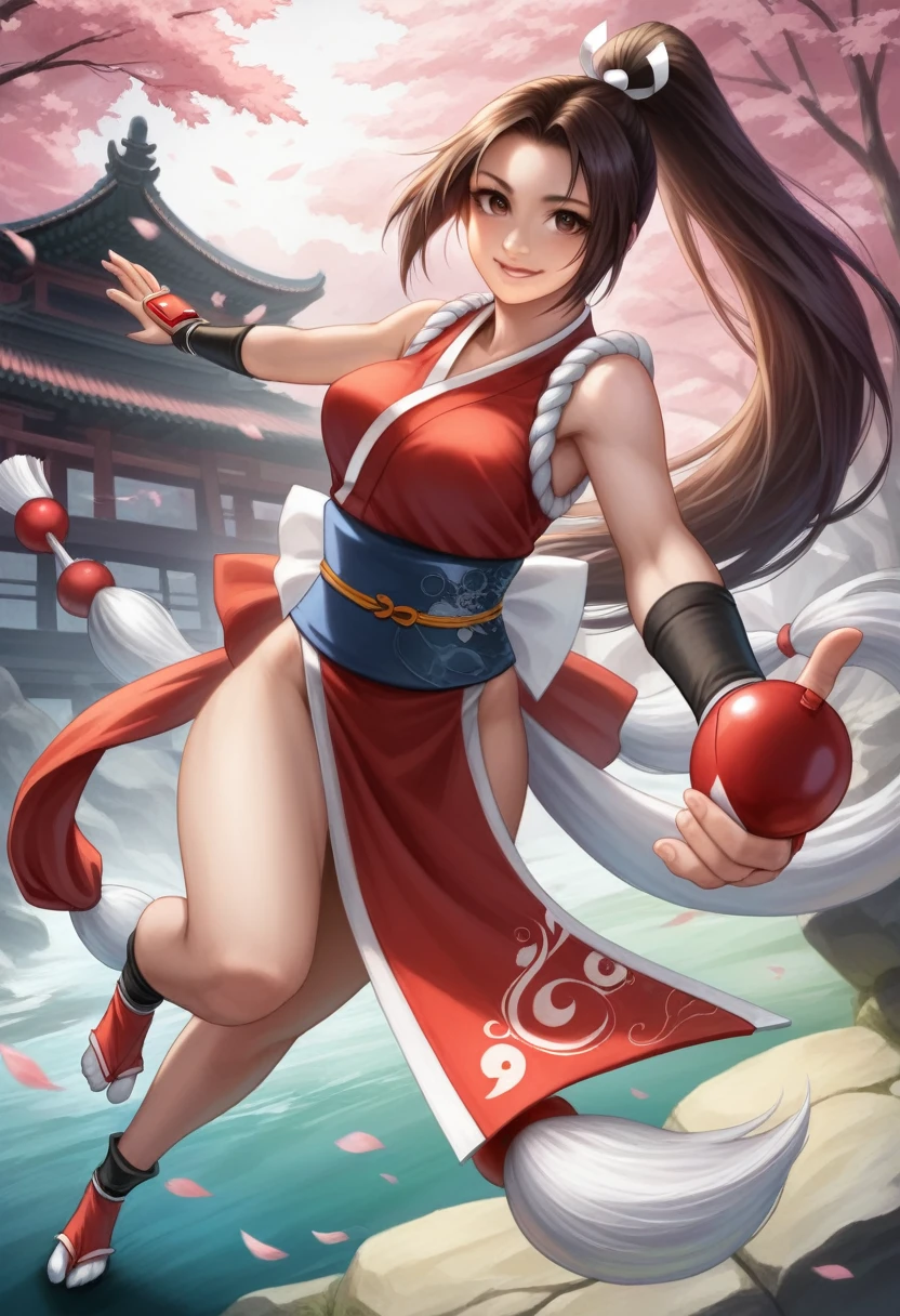 (mai shiranui:1.4), (tabi:1.4), (Full body:1.4), (Toe;1.3), (Realism), (master piece:1.2), (Best Quality), (ultra-detailliert), (8K, 4K, Convoluted), (Flat Lighting:1.2), (skinny), Prestige, Brown eyes, Long hair, brown eyes, long hair, brown hair, white ribbon, sleeveless, ponytail, sash, pelvic curtain, arm guards, gloves, tabi, fascinated expression, Sexy eyes, slim, medium breasts, Smile, Cute, view the viewer, Long hair, Close to Japan temple, (breasts focus:1.2), (Realistic:1.2), light Particle, Lighting, (Highly detailed:1.2), (Detailed face:1.2), (gradients), SFV, Colorful, (Detailed eyes:1.2), Detailed temples of Japan, Detailed background, (Dynamic Angle:1.2), Dynamic Pose, Wide Shot, Daylight, Solo.