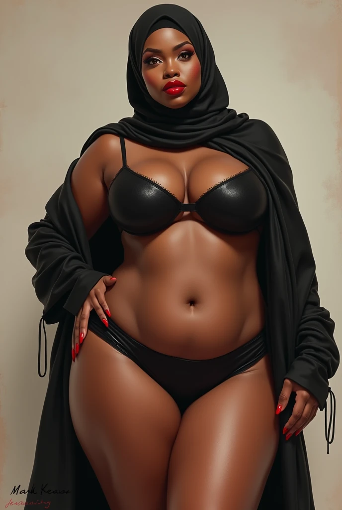 Hijabi, curved, bikini, thick, dark skinned, oil up, big breasts, big thighs, red lips, big lips