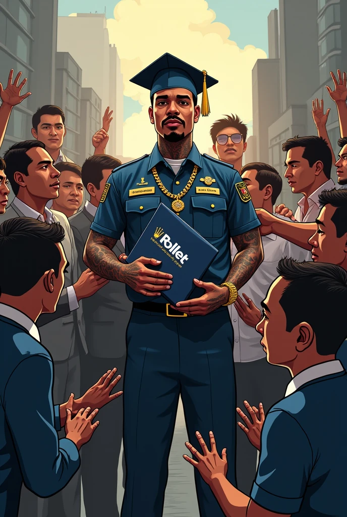 Imagine a politically realistic image where the Philippine media is represented by a figure, like a news anchor or a tattooed rapper with diamond chains, Rolex on the wrist with the uniform with the rollet logo,holding a graduation cap with the rollet logo ,stand in the center of the picture. The figure is surrounded by various stakeholders, How do politicians, business leaders, and the general public, each pulling the media figure in different directions.