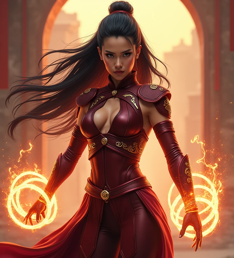 (A fierce and determined woman:1.4), (female version of Shang-Chi:1.4), (dressed in a sleek, modernized martial arts outfit:1.3), (ten glowing rings swirling around her arms:1.4), (dynamic and powerful pose:1.4), (large, expressive eyes filled with intensity:1.3), (flowing black hair with hints of red highlights:1.4), (dark red and gold accents on her armor:1.4), (ancient Chinese symbols and patterns intricately woven into her outfit:1.3), (background of a mystical, ancient Chinese landscape:1.3), (energy and light emanating from the rings:1.4), (highly detailed, cinematic quality:1.4), (vibrant colors with a focus on deep reds and golds:1.3), (mystical aura surrounding her:1.4), (sharp, realistic facial features with a determined expression:1.3), (epic atmosphere:1.4)