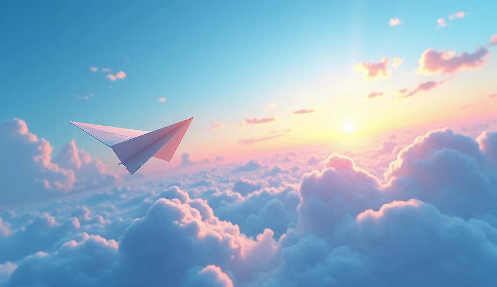 An ultra-high-resolution animated illustration depicting a sky with a rising sun and a paper airplane flying over blue clouds, viewed from above, displayed on a very wide screen.