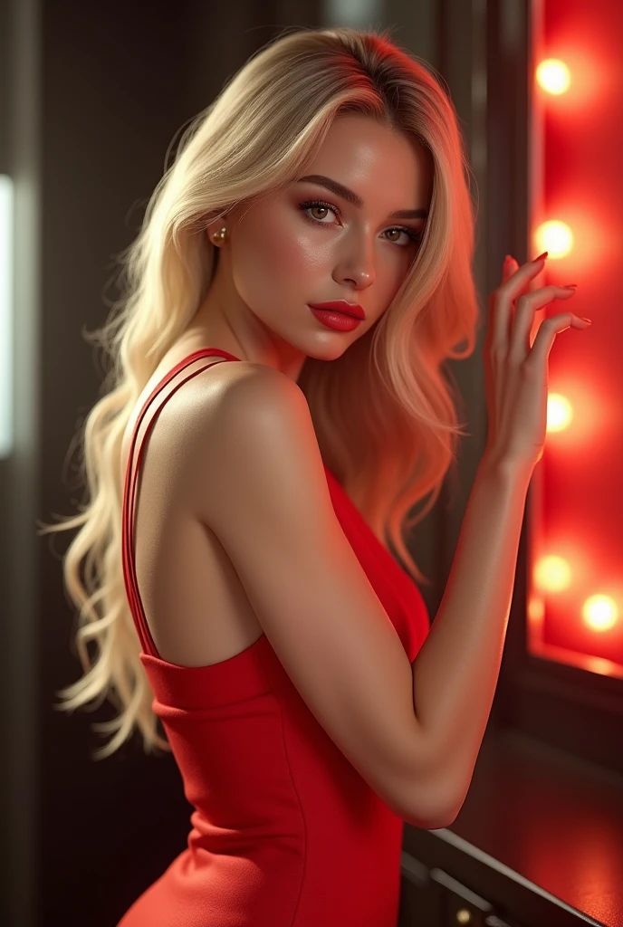 self-portrait, cute beautiful pretty vampire woman, silky blonde hair, gold eyes, (attractive and seductive) and (amorous and lewd) expression, wearing red lace gothic dress, shading, shadows, contrast, conceptual installation art, 2.5D, delicate and dynamic effects, iridescent effects, artistic, hyper,