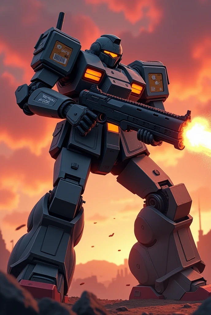 A futuristic armored robot in anime style, on a battlefield at sunset with a reddish sky. The robot, Dark grey tones with bright orange details, He has graffiti on his license plate and is firing a large-caliber weapon., generating flashes and sparks. Bullets bounce off his armor, creating small explosions of light. The frame is close, focused on the torso and weapon, with a background of shadows and rubble, highlighting intense action and reflexes in his battle-worn armor