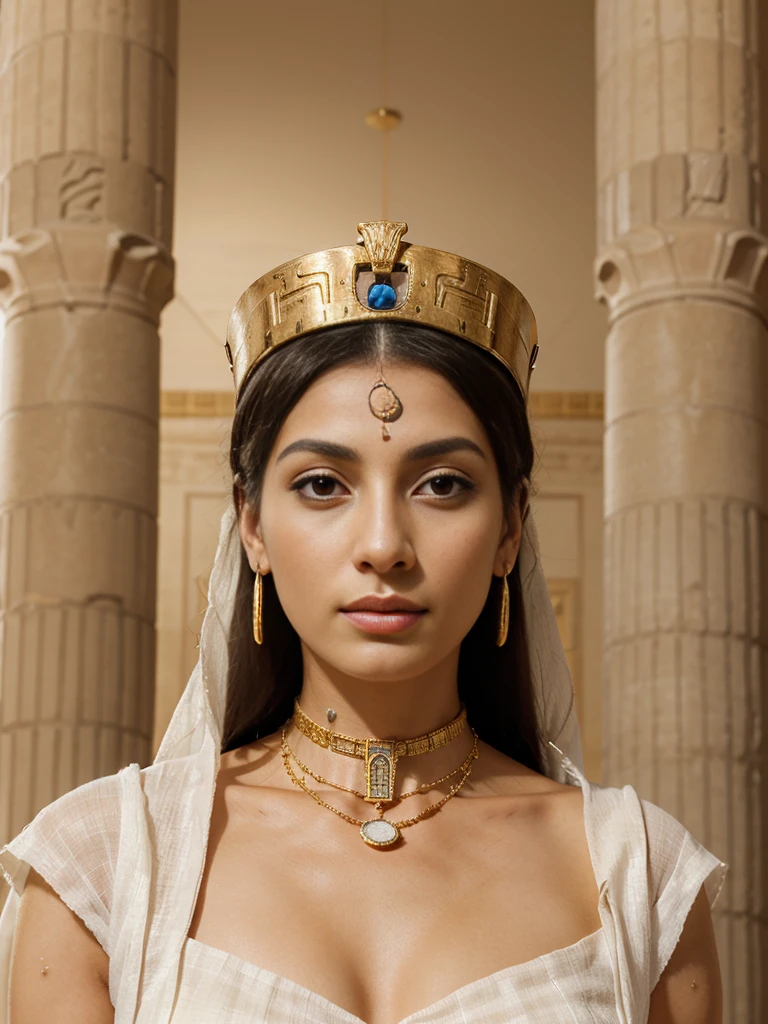 Create a highly detailed illustration of Queen Nefertiti from the 14th century BC, the Great Royal Wife of Pharaoh Akhenaten. Nefertiti is depicted with her iconic beauty, featuring a tall, flat-topped blue crown with a golden band and cobra emblem. Her face is shown with perfect symmetry, almond-shaped eyes lined with kohl, high cheekbones, and full lips. She wears a white, pleated linen gown adorned with gold jewelry, including a broad collar necklace and arm cuffs. The background should resemble an ancient Egyptian palace, with hieroglyphics and stone columns highlighting her royal status and the historical setting.