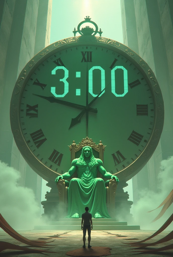 Draw a giant timer showing 3-hours 03:00 and a person below looking and in front of the giant timer a throne with a very powerful green being with a crown