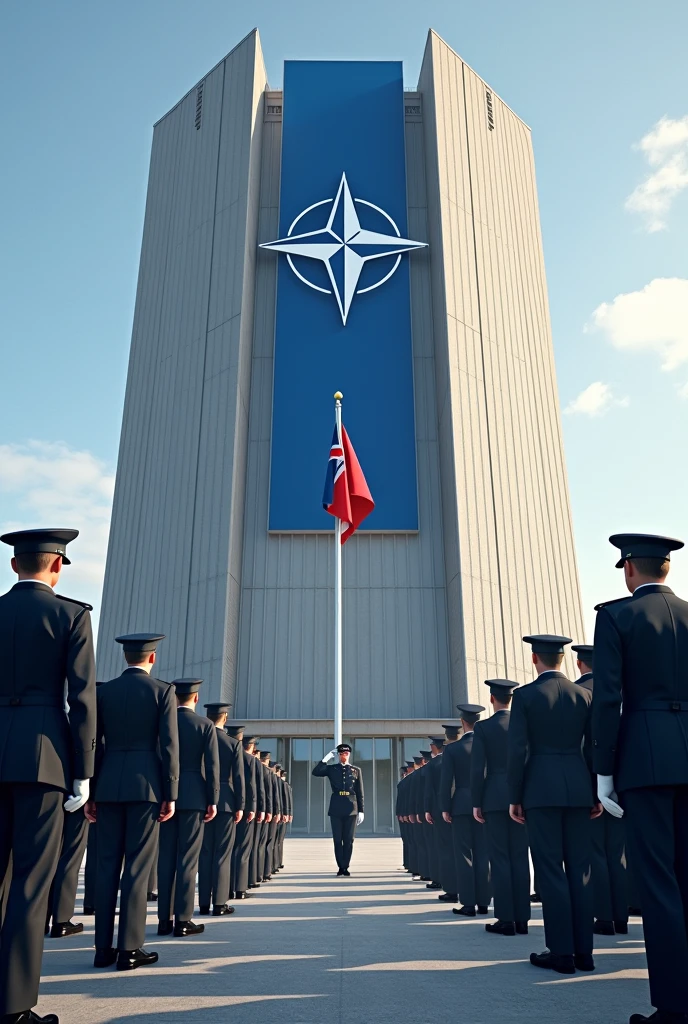 NATO Central a NATO flag and military personnel in front of the building