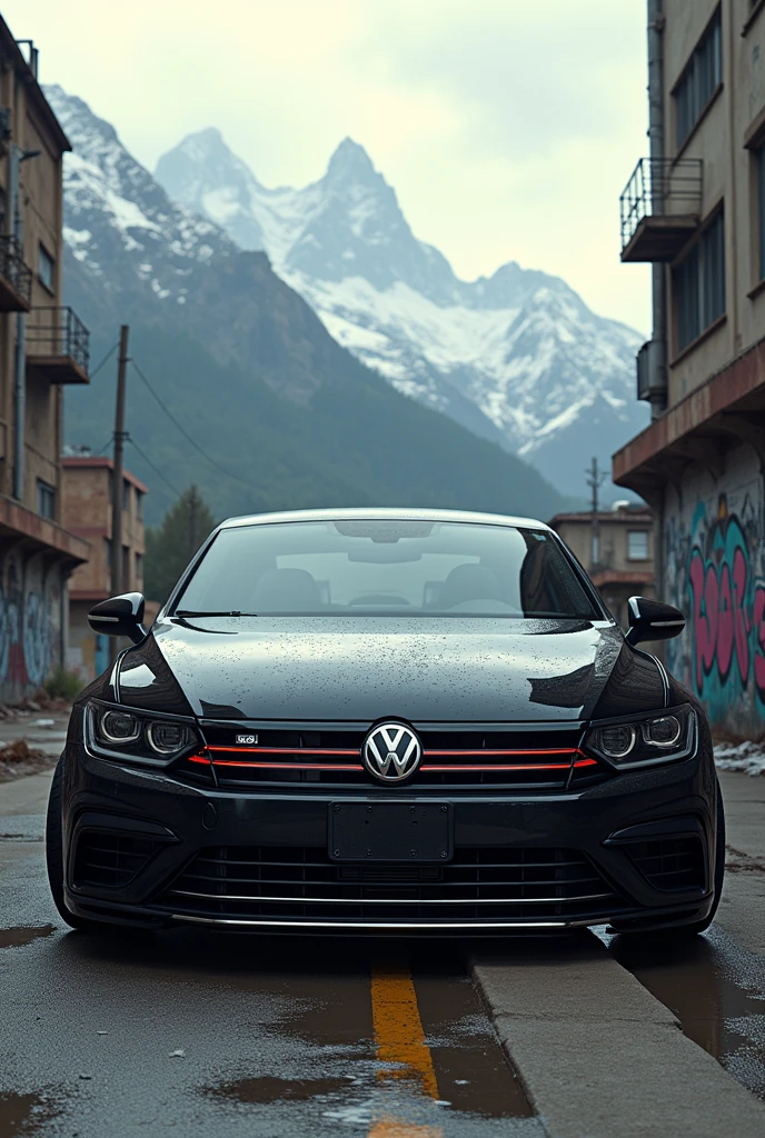 Black Volkswagen passat 2014 model in punk city mountain background