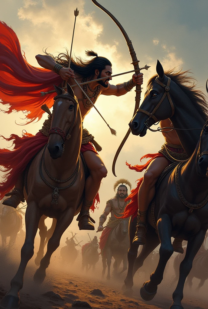 Illustrate Karna filled with rage, aiming his bow directly at Krishna, breaking the rules of the battle. His face is twisted in fury, and his chariot is shaking from the force of his anger. Meanwhile, Krishna remains calm, looking at Karna with an understanding expression. The tension in the scene is palpable, with arrows flying towards Krishna.